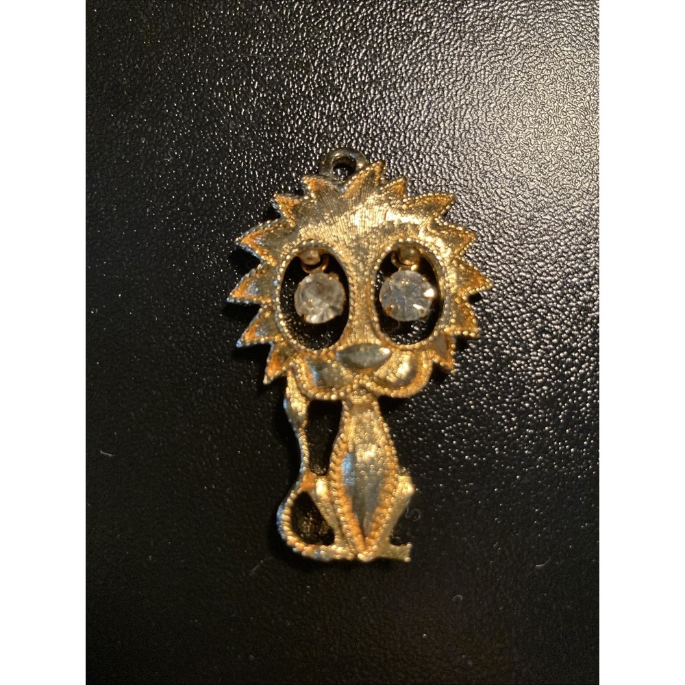 Vintage 1960s/70s Lion Cub Kitten Pendant Golden Dangling Crystal Eyes